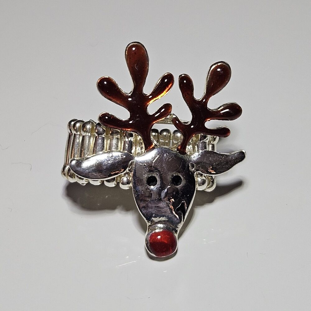 Silver Tone Brown Red Enamel Black Rhinestone Rudolph Stretch Ring - Picture 13 of 14